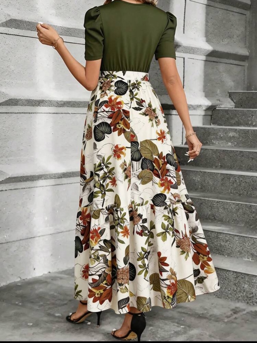 Olive & Cream Floral Tie-Waist Maxi Dress - Picture 2 of 3